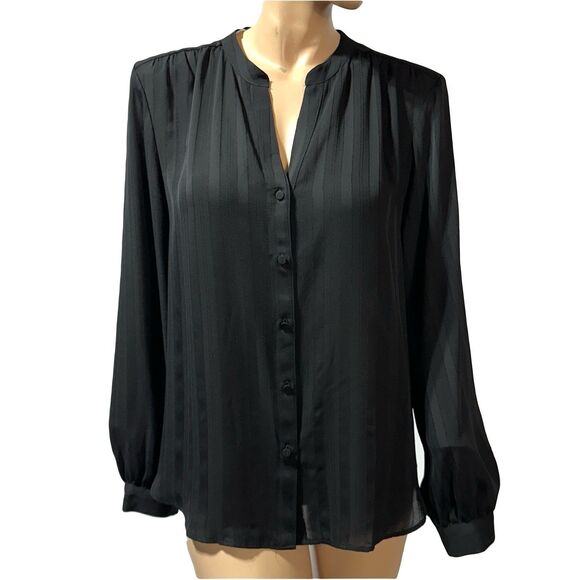 Ann Taylor Black Blouse Button Front Top Size XL Long Sleeve Split Neck NWT - Picture 1 of 9